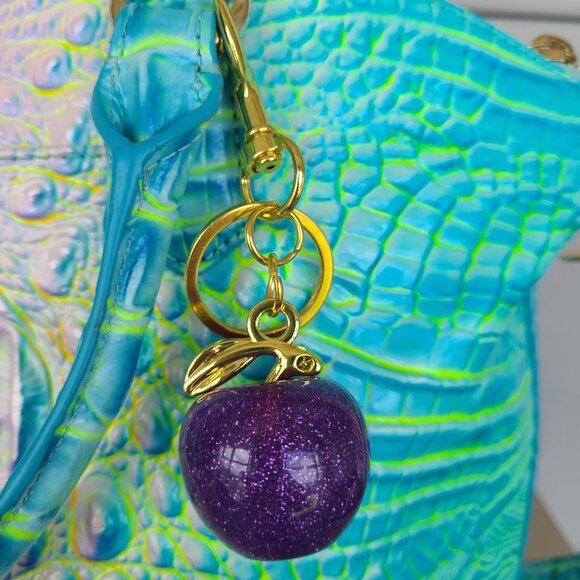 Purple Apple Purse Charm and Key Ring Sparkly Gold or Silver Toned Hardware - Picture 2 of 12